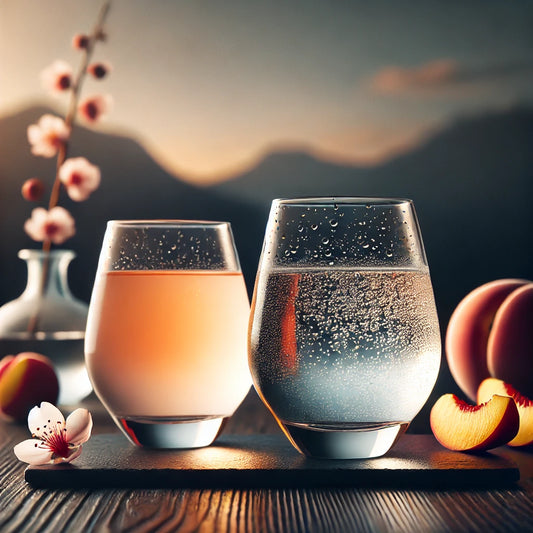 Premium Utah craft sake - Tsuki's crystal-clear Junmai Daiginjo and cloudy White Peach Nigori served with mountain sunset backdrop